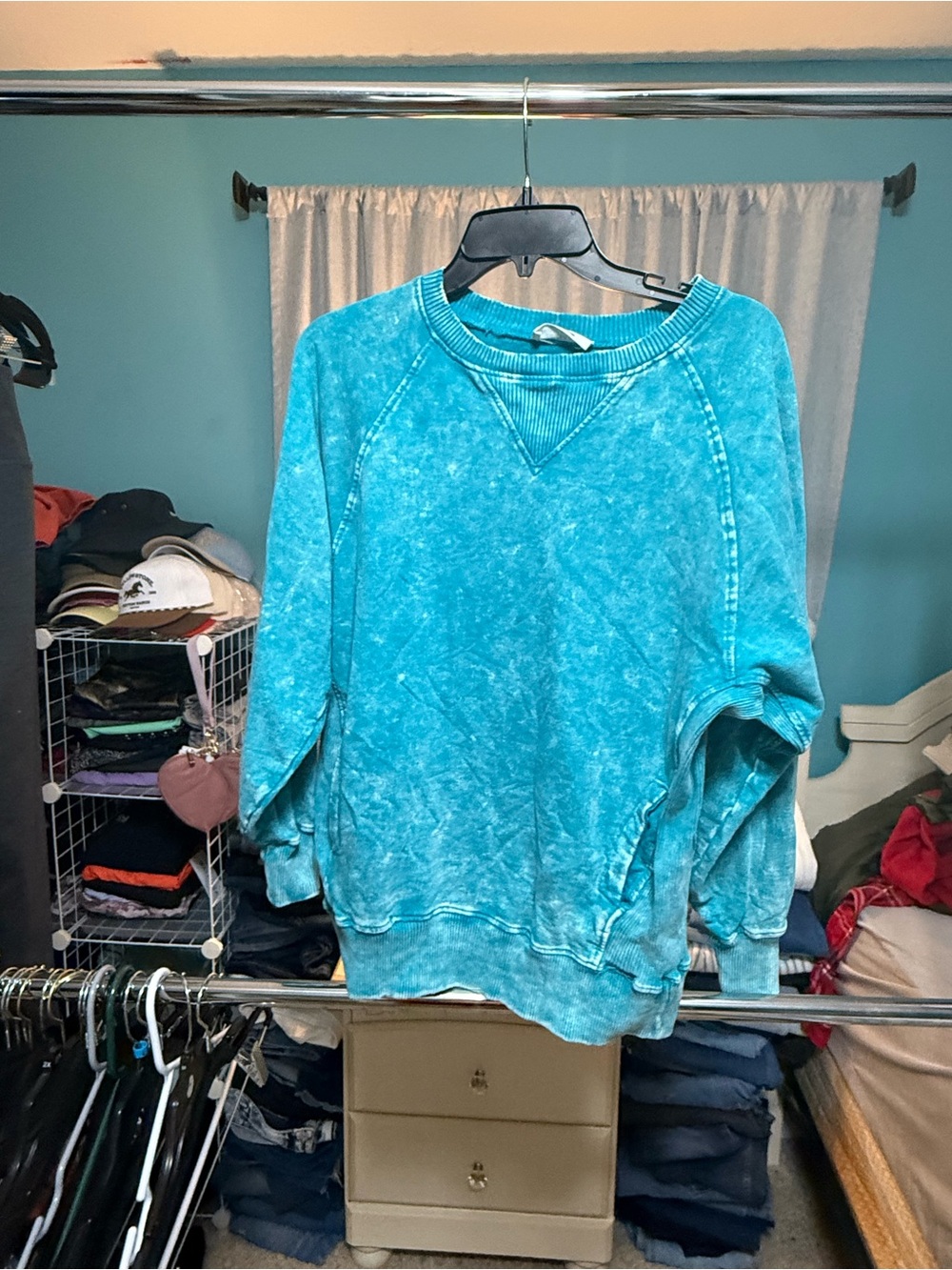 Zenana Acid Wash French Terry Pullover Sweatshirt Teal M Pockets